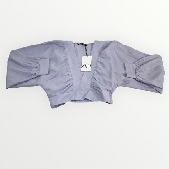 Zara Purple Crop Top Plunging Deep V-Neck Crop Puff Sleeve Coquette Size XS NWT - Picture 3 of 12